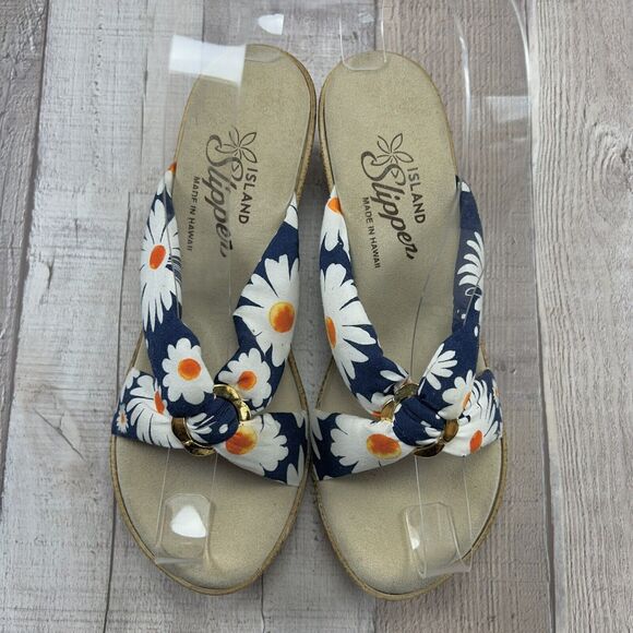 Island Slipper Hawaii Women's Wedge Sandals Floral Tropical Navy White Size 6 - Picture 5 of 12